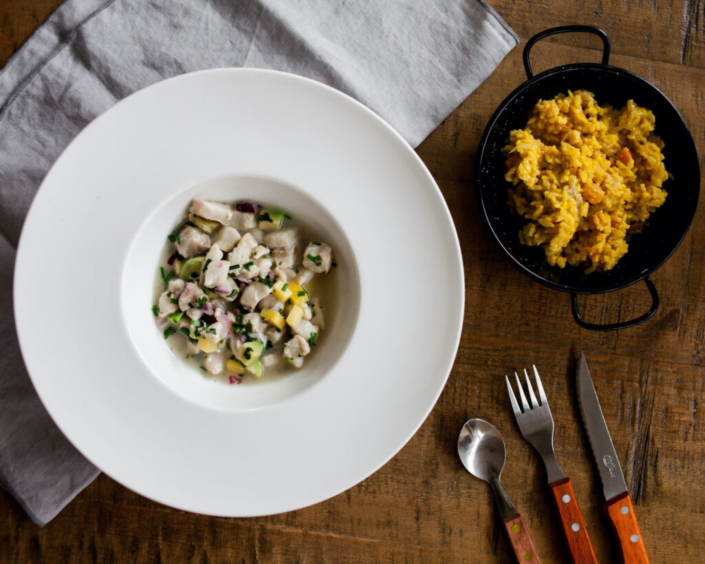 Lunch&Dinner. Ceviche de corvina y risotto de calabaza y panceta